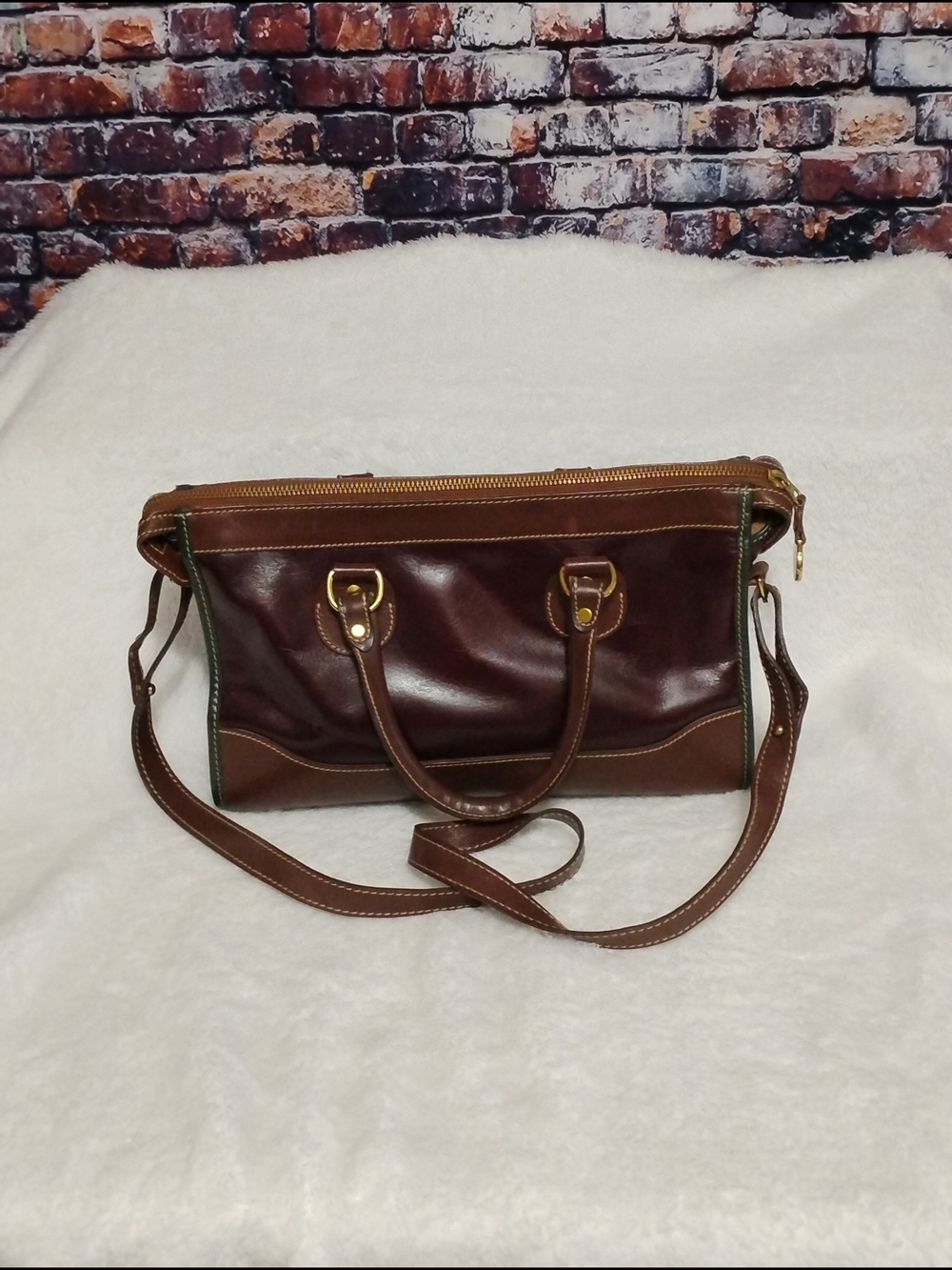 Brahmin Brown and Wine Leather Satchel with Green Trim - Picture 3 of 15